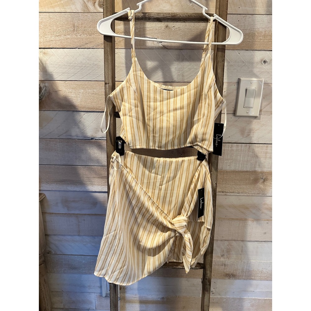 Lulus Striped Two Piece Set Crop Top and Wrap Mini Skirt Yellow White Medium NWT
